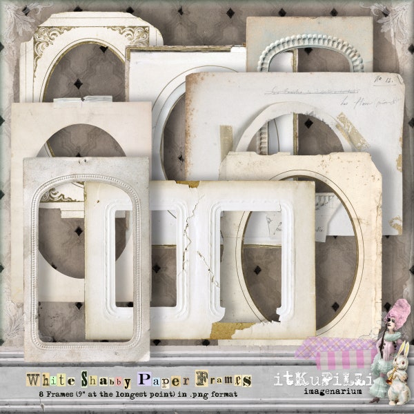 Shabby White Paper Frames - Individual .png files - Digital Collage Art, Journaling and Scrapbooking Kit  - Printable, Instant download