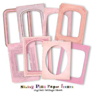 Pode incluir: Uma folha de colagem digital com dez molduras de papel rosa de vários tamanhos e formas. As molduras têm um visual desgastado e vintage, perfeitas para adicionar um toque de shabby chic aos seus projetos.