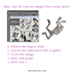 May include: A digital illustration of a skeleton with a skull head, wearing a hat, and falling with arms and legs outstretched. The image is on a white background with text that reads "Easy way to crop an image from a png sheet" and "www.itKuPiLLi.com".
