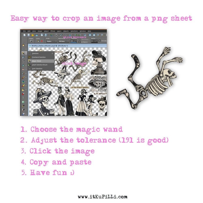 May include: A digital illustration of a skeleton with a skull head, wearing a hat, and falling with arms and legs outstretched. The image is on a white background with text that reads "Easy way to crop an image from a png sheet" and "www.itKuPiLLi.com".
