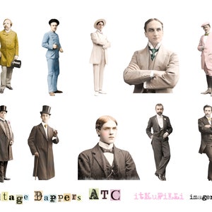 Puede incluir: Una colección de imágenes vintage de hombres en varias poses, vistiendo diferentes estilos de ropa y sombreros. Las imágenes están en blanco y negro y en tonos sepia. El texto "Vintage  Dappers ATC itKuPiLi imagenarium" está en la parte inferior de la imagen.