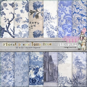 Floral Damask Toile Blue Papers - Backgrounds12" x 12" - Shabby, Distressed - Scrapbooking, Art Journaling - Printable, instant download