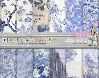 Floral Damask Toile Blue Papers - Backgrounds12&quot; x 12&quot; - Shabby, Distressed - Scrapbooking, Art Journaling - Printable, instant download