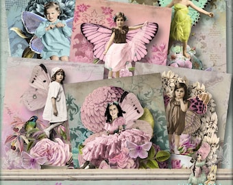 Coffee Cup Fairies  - ATC card - gift tags  - Digital Collage Sheet - jpg and png - Printable, instant download