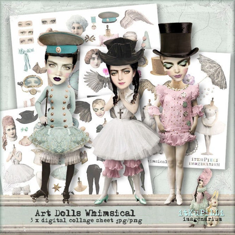 May include: Three digital collage sheets featuring whimsical art dolls. The dolls are dressed in various outfits, including a blue and white dress, a white tutu with pink accents, and a pink dress with white polka dots. The dolls have different hairstyles and accessories, including hats, bows, and flowers.