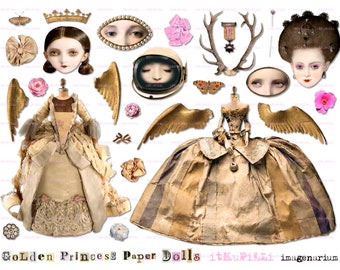 Golden Princess Paper Dolls - Digital Collage Sheet jpg png - Printable Instant Download