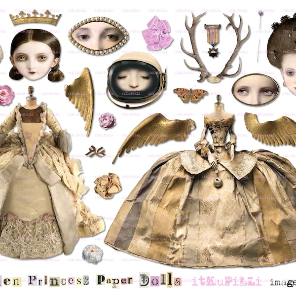 Golden Princess Paper Dolls - Digital Collage Sheet jpg png - Printable Instant Download