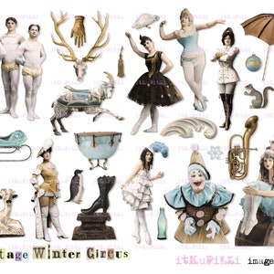 Vintage Winter Circus - Digital Collage Sheet - jpg and png - Printable, instant download