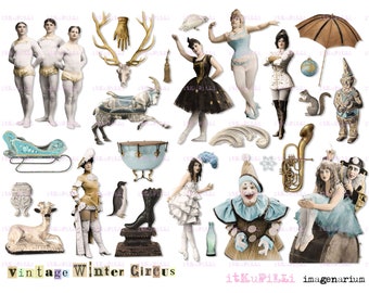 Vintage Winter Circus - Digital Collage Sheet - jpg and png - Printable, instant download