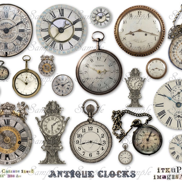 Antique Clocks - Digital Collage Sheet - jpg and png - Printable, instant download