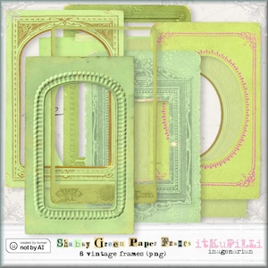 Shabby Green Paper Frames - individuele .png-bestanden - digitale collagekunst, journaling en scrapbooking Kit - afdrukbaar, directe download