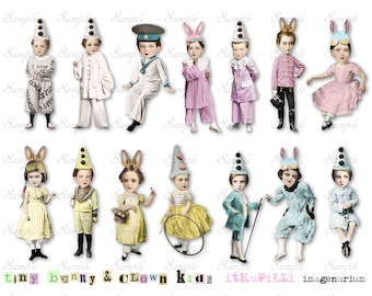 Tiny Bunny And Clown Kids - Art Dolls  - Digital Collage Sheet - jpg and png - Printable, instant download