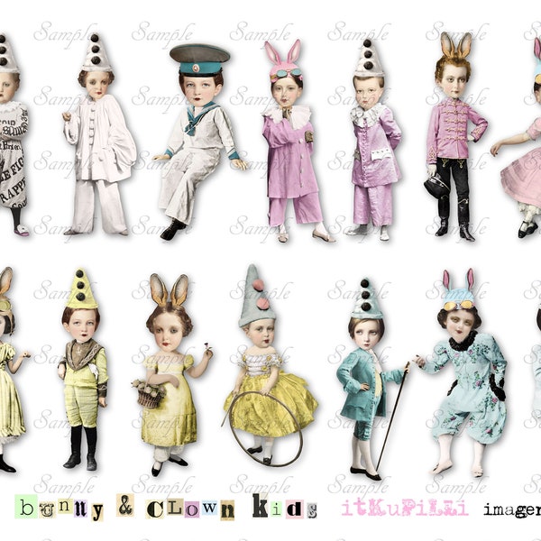 Tiny Bunny And Clown Kids - Art Dolls  - Digital Collage Sheet - jpg and png - Printable, instant download