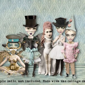 May include: Five dolls with different outfits and hairstyles stand in front of a patterned background. The dolls are wearing a variety of hats, including a top hat, a sailor hat, a crown, and a clown hat. The dolls are all smiling and looking at the camera. The text "Sample Dolls, not included. Made with the collage sheets." is at the bottom of the image.