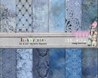 Shabby Blue Papers - Backgrounds - Large 12" x 12" - Scrapbooking, Art Journaling, Collage Art - Printable, instant download