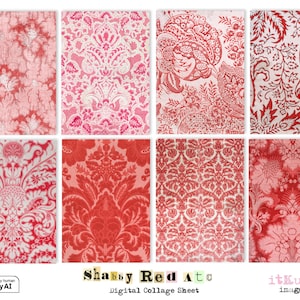 May include: A digital collage sheet featuring eight rectangular designs with various red and pink floral and damask patterns. The text "Shabby Red Ato" and "Digital Collage Sheet" are visible.