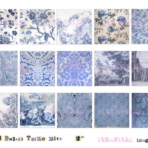 Floral Damask Toile Blue Twinchies  - Backgrounds - 2&quot; x 2&quot; - Scrapbooking, Art Journaling, Tags, Magnets  - Printable, instant download