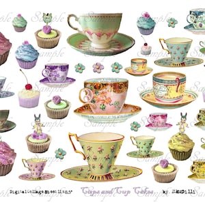 Tasses et cupcakes - feuille de collage numérique - jpg et png - imprimable, téléchargement immédiat