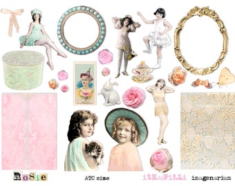 May include: A digital collage sheet with images of girls, flowers, frames, and other vintage-style elements. The sheet includes the text "Rosie" and "itKuPilli imagenarium".