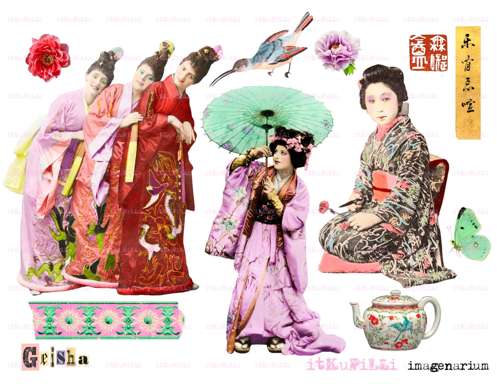 Vintage Japanese - Geisha - 4 X Digital Collage Sheet Bundle - Jpg and ...