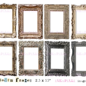 May include: Eight ornate picture frames, four gold and four black, with a white background. The frames are 2.5 x 3.5 inches. The text "Wooden frames 2.5 x 3.5" is at the bottom of the image.