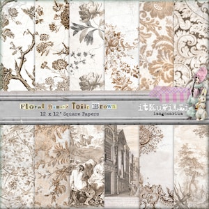 Floral Damask Toile Brown Papers - Fundos 12" x 12" - Desgastado, Desgastado - Scrapbooking, Art Journaling - Para impressão, download instantâneo