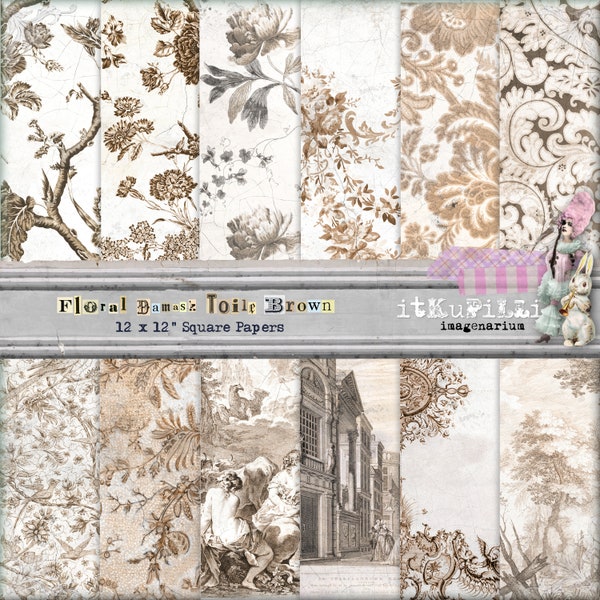 Floral Damask Toile Brown Papers - Backgrounds12" x 12" - Shabby, Distressed - Scrapbooking, Art Journaling - Printable, instant download