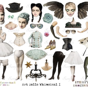 May include: A digital collage sheet with whimsical illustrations of dolls, including a doll with wings, a doll with a top hat, a doll with a corset, and a doll with a tutu. The sheet includes various accessories, such as a pair of glasses, a pair of gloves, a pair of shoes, an umbrella, and a star.