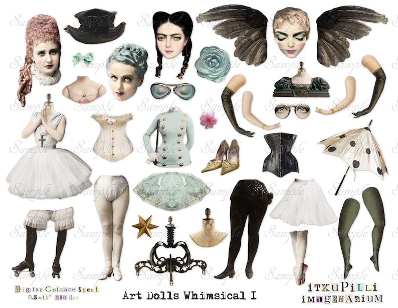 May include: A digital collage sheet with whimsical illustrations of dolls, including a doll with wings, a doll with a top hat, a doll with a corset, and a doll with a tutu. The sheet includes various accessories, such as a pair of glasses, a pair of gloves, a pair of shoes, an umbrella, and a star.