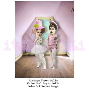 May include: Two vintage paper dolls in a pink room with a wooden floor. One doll is wearing a white dress with pink ruffles and a pink hat. The other doll is wearing a pink dress with a white collar and a white hat.