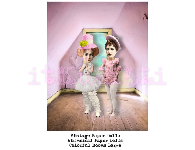 May include: Two vintage paper dolls in a pink room with a wooden floor. One doll is wearing a white dress with pink ruffles and a pink hat. The other doll is wearing a pink dress with a white collar and a white hat.
