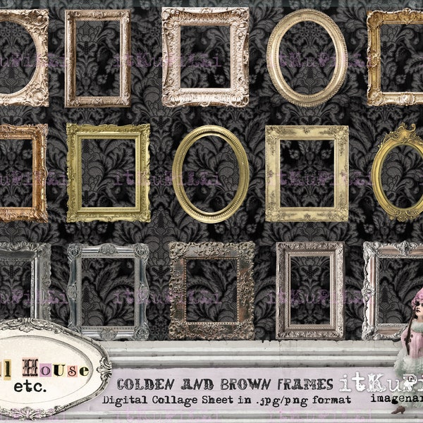 Doll House etc. - Golden and Brown Frames - Miniature - 1:12 scale - Digital Collage Sheet Printable, instant download