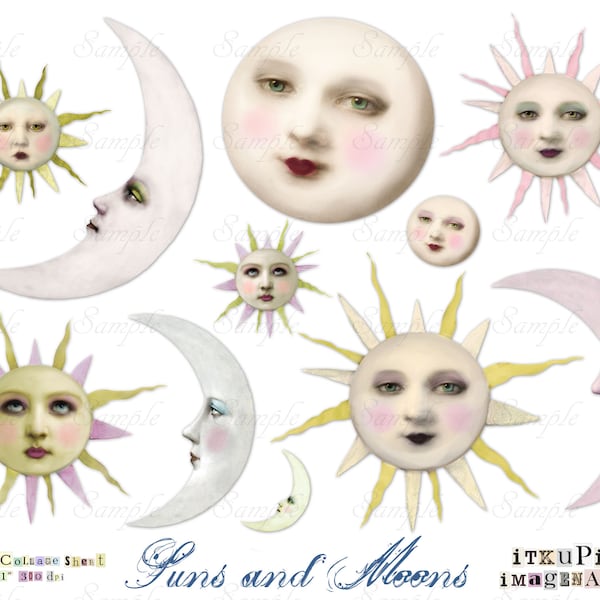 Suns And Moons - Digital Collage Sheet - jpg and png - Printable, instant download