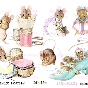 May include: A set of six illustrations featuring Beatrix Potter's mice characters. The mice are depicted in various activities, including reading a book, sewing, cleaning, and playing in a shoe. The illustrations are in a vintage style with watercolour-like details.