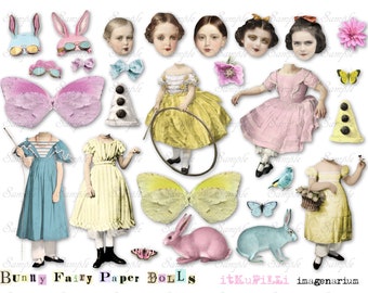 Bunny Fairy Paper Dolls - Art Dolls  - Digital Collage Sheet - jpg and png - Printable, instant download
