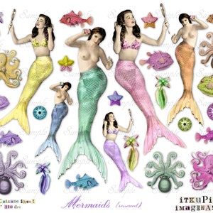 Mermaids Renewed  - Digital Collage Sheet - jpg and png - Printable, instant download