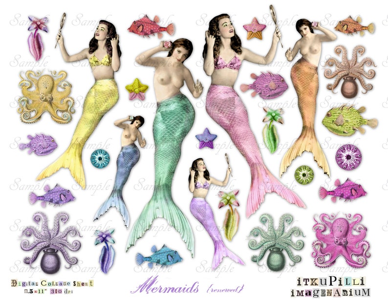 May include: Digital collage sheet featuring ten mermaid illustrations with colorful tails, seashells, and octopus. The sheet is 8.5 inches by 11 inches and 300 dpi.
