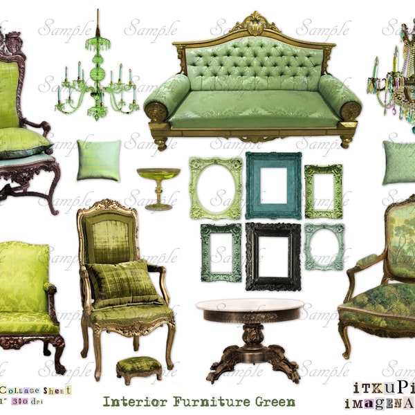 Interior Furniture Green - Digital Collage Sheet - jpg and png - Printable, instant download