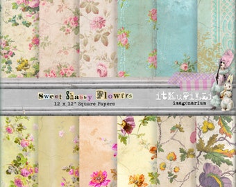 Sweet Shabby Flowers Papers - Backgrounds 12" x 12" - Shabby, Distressed - Scrapbooking, Art Journaling - Printable, instant download