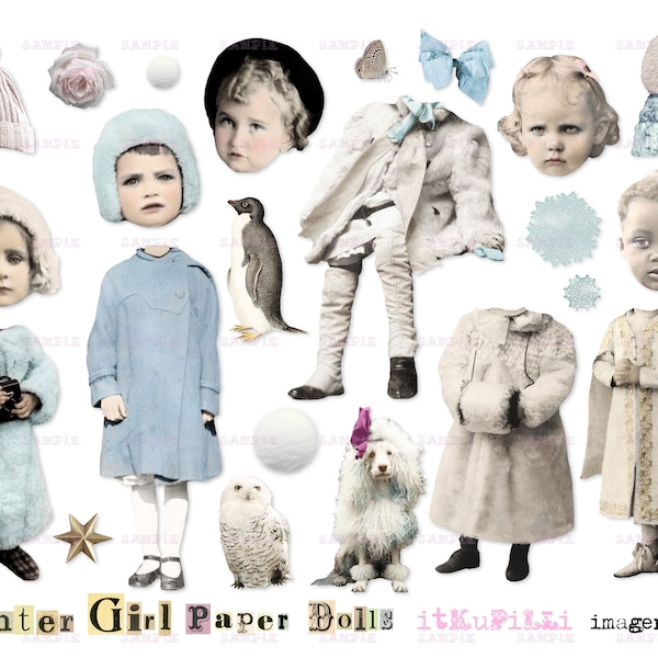 Winter Girl Paper Dolls  -  Christmas  - Digital Collage Sheet - jpg and png - Printable, instant download