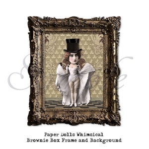 May include: A whimsical paper doll illustration of a person wearing a white dress and a black top hat. The doll is framed in a gold ornate frame with a patterned background.