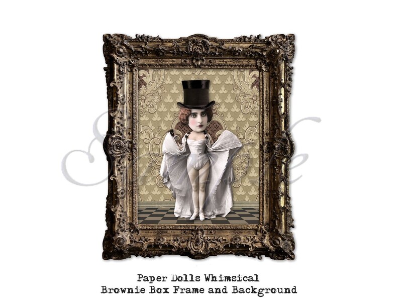 May include: A whimsical paper doll illustration of a person wearing a white dress and a black top hat. The doll is framed in a gold ornate frame with a patterned background.