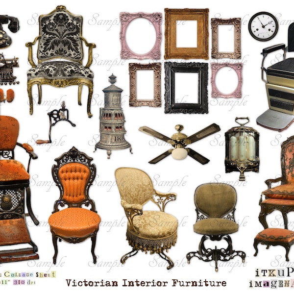 Muebles de interior victorianos - Steampunk - Digital Collage Sheet - jpg y png - Imprimible, descarga instantánea