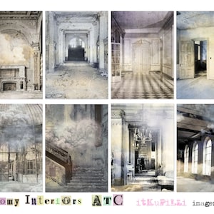 Interiores sombríos - Fondos ATC - Steampunk, Halloween - Hoja de collage digital - jpg y png - Imprimible, descarga instantánea