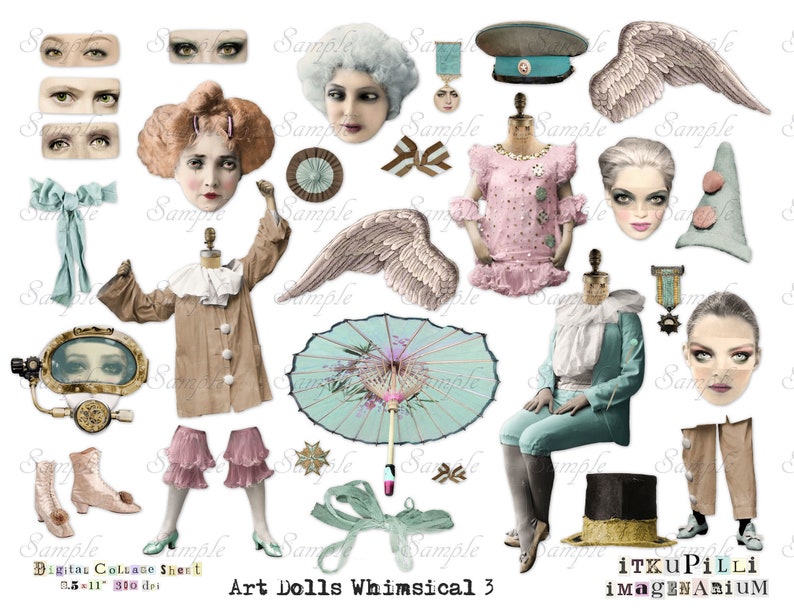 Paper Dolls Whimsical Women - Bundle 3 x Digital Collage Sheet - jpg and png - Printable, instant download image 4