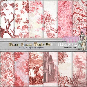 Carta da parati floreale damascata Toile Red - Sfondi 12" x 12" - Shabby, Distressed - Scrapbooking, Art Journaling - Stampabile, download immediato