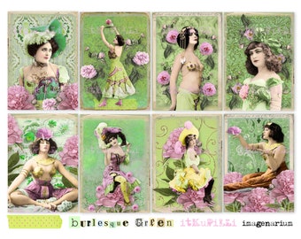 Burlesque Green  - ATC card - gift tags  - Digital Collage Sheet - jpg and png - Printable, instant download