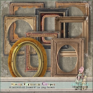 May include: Eight antique-style picture frames in various shapes and sizes, with a distressed copper finish. The frames are arranged in a layered, overlapping pattern, creating a vintage aesthetic. The frames are 8 inches in size and are in PNG format.