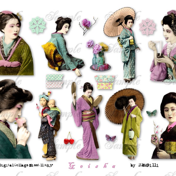 Geisha - Vintage Japanese - Digital Collage Sheet - jpg and png - Printable, instant download