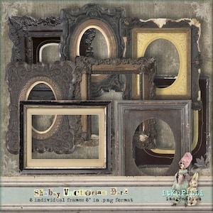 Könnte beinhalten: Acht verzierte schwarze Bilderrahmen mit einer abgenutzten Oberfläche. Die Rahmen sind 20,3 cm groß und im PNG-Format. Die Rahmen sind in Collage-Form angeordnet, mit einer Puppe und einem Kaninchen unten rechts.